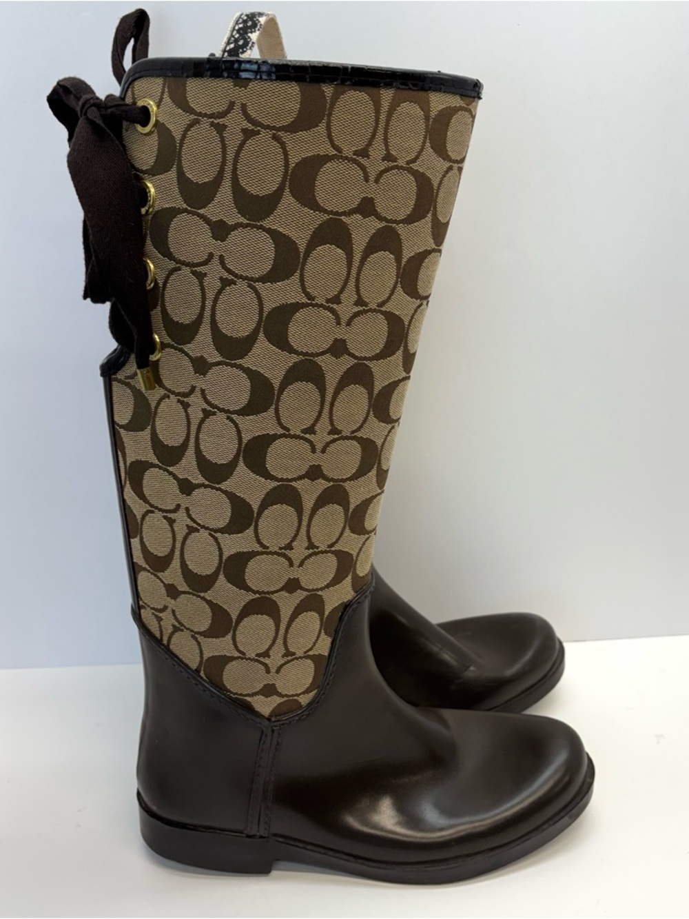 Coach Tristee Tall Rain Boot Brown Signature Jacquard Equestrian Corset Lace 8 B - Picture 5 of 11